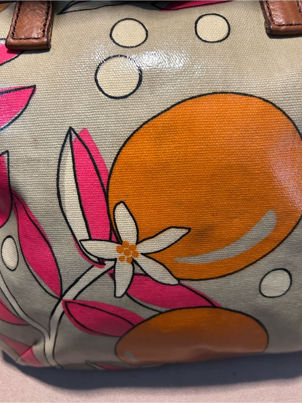 Fossil Key-Per Floral Orange & Pink Coated Canvas Shoulder Bag with Tan Straps - Picture 4 of 10